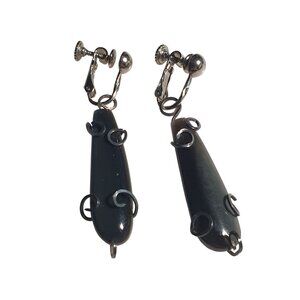 Vintage Black Stone Drop Clip Earrings Silver Tone Wire Wrap Screw Back Retro